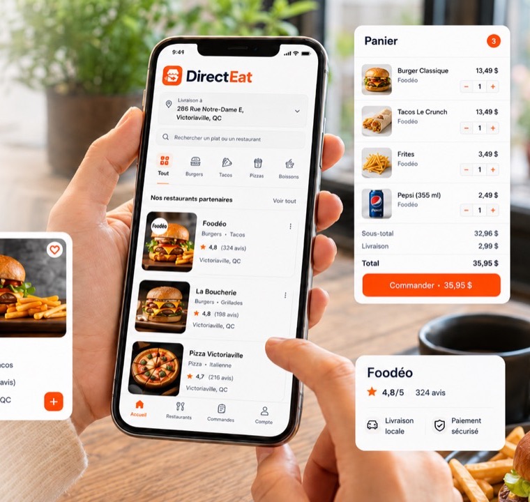 Application DirectEat affichant des restaurants locaux